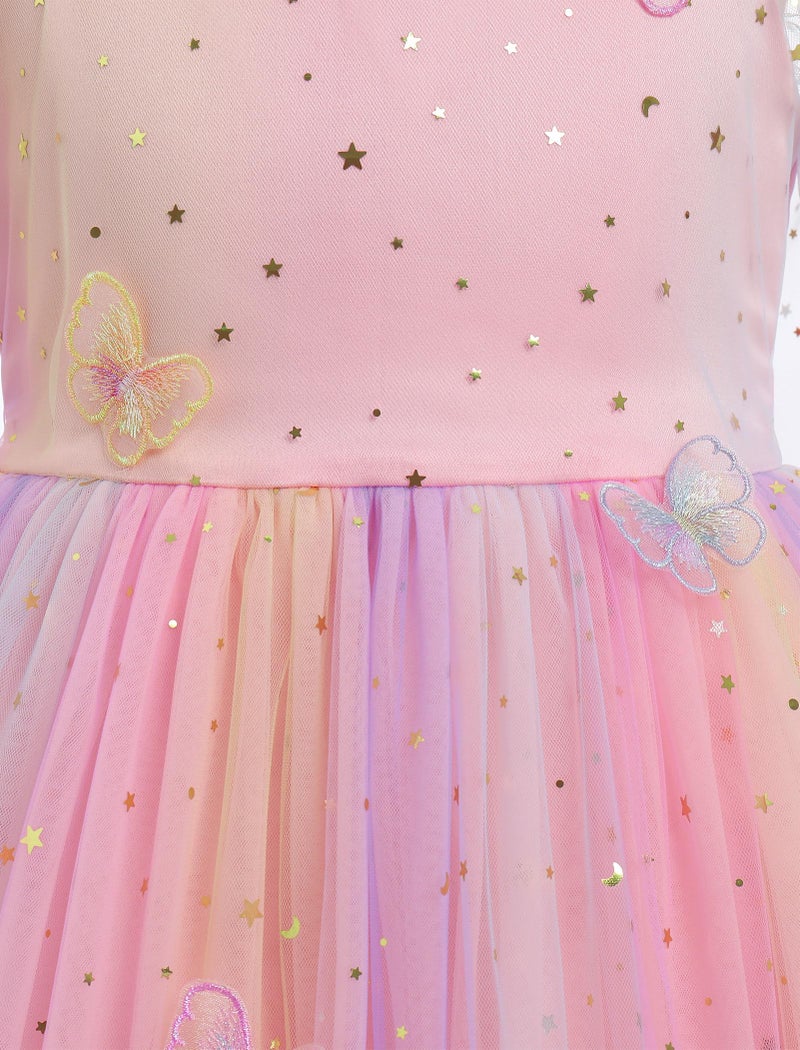 ODOLDI Kids Girls Birthday Party Long Sleeve Star Glitters Tulle Tutu Dress 3D Butterfly Star Sequins Ruffle Dress - Image 4