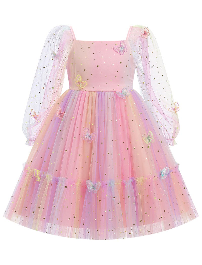 ODOLDI Kids Girls Birthday Party Long Sleeve Star Glitters Tulle Tutu Dress 3D Butterfly Star Sequins Ruffle Dress - Image 1