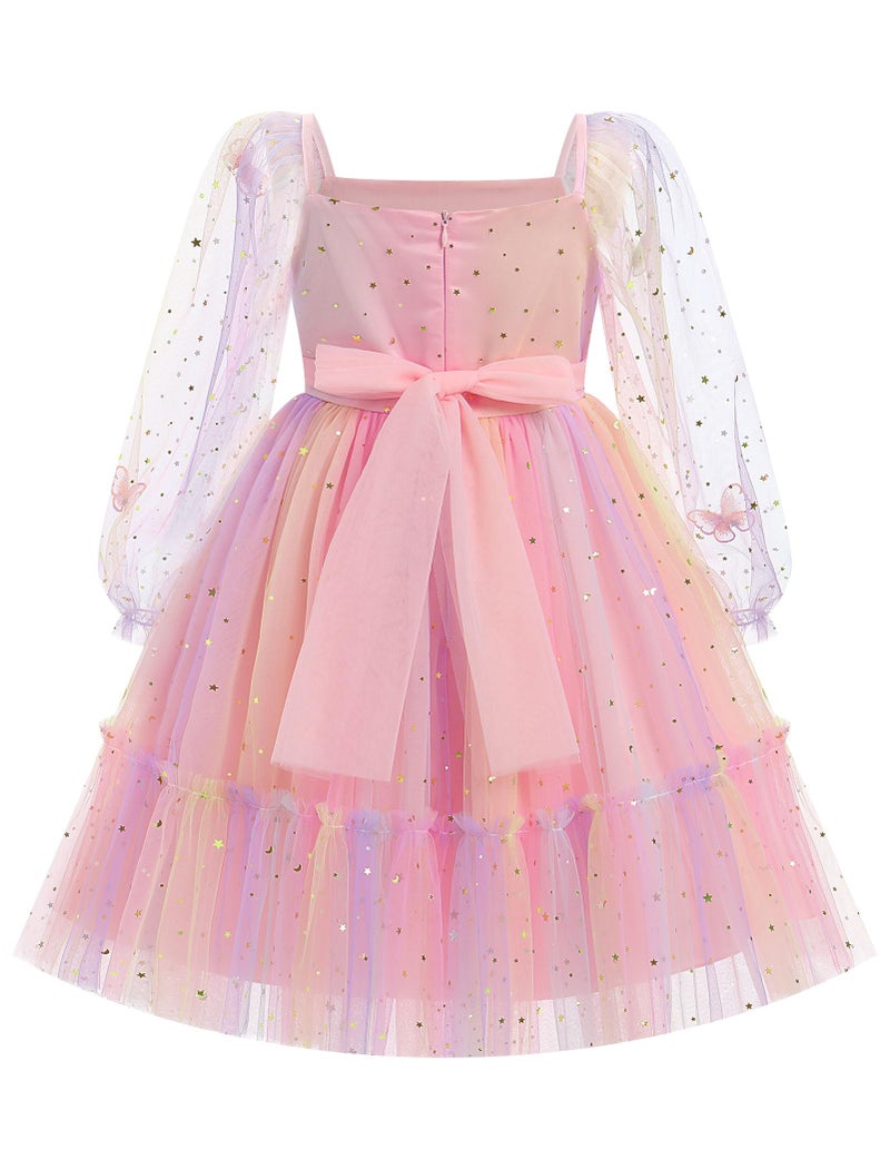 ODOLDI Kids Girls Birthday Party Long Sleeve Star Glitters Tulle Tutu Dress 3D Butterfly Star Sequins Ruffle Dress - Image 3