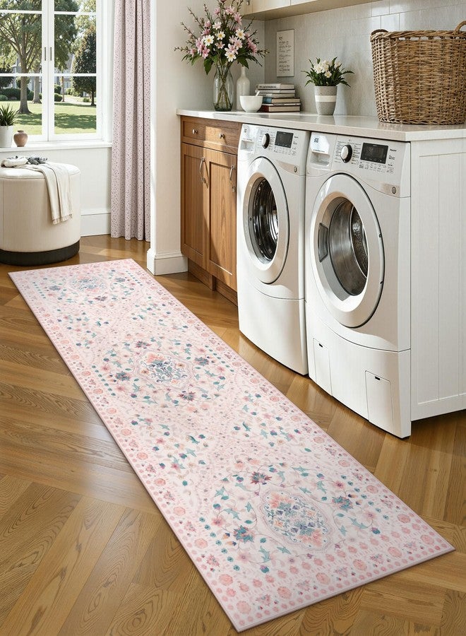 لايف بوكس سجادة ممر قابلة للغسل من لايف بوكس، مقاس 2 × 6 أقدام، سجاد مانع للانزلاق للممرات بطول 6 أقدام، سجاد بوهيمي مزهر ناعم ذو وبر منخفض لغرفة النوم، غرفة الغسيل، المدخل، الحمام (وردي فاتح) - Image 4