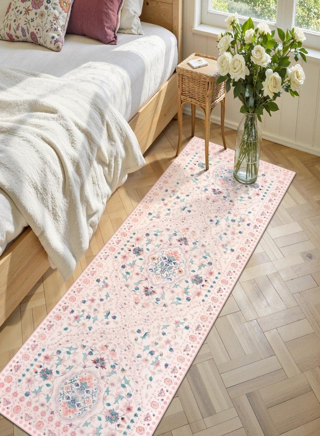 لايف بوكس سجادة ممر قابلة للغسل من لايف بوكس، مقاس 2 × 6 أقدام، سجاد مانع للانزلاق للممرات بطول 6 أقدام، سجاد بوهيمي مزهر ناعم ذو وبر منخفض لغرفة النوم، غرفة الغسيل، المدخل، الحمام (وردي فاتح) - Image 2