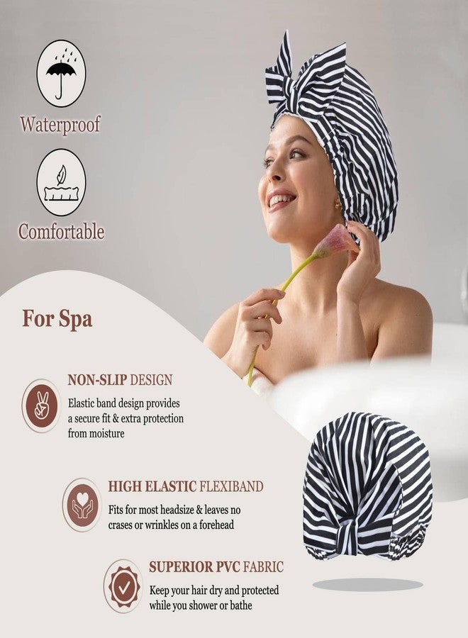 Luvruitaky Shower Cap Luxury Shower Caps for Women Reusable Waterproof Hair Cap for Shower with Adjustable Bowknot Hair Bath Cap (Black Stripe) - Image 5