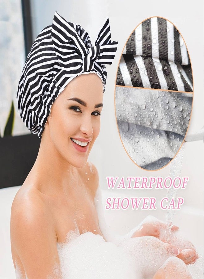 Luvruitaky Shower Cap Luxury Shower Caps for Women Reusable Waterproof Hair Cap for Shower with Adjustable Bowknot Hair Bath Cap (Black Stripe) - Image 3