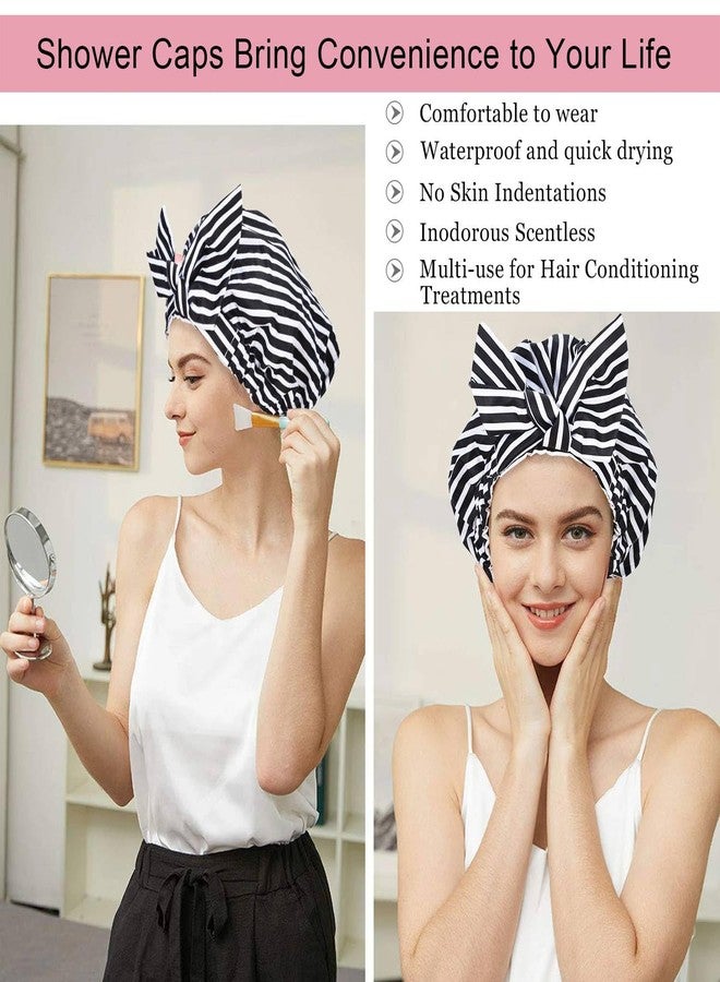Luvruitaky Shower Cap Luxury Shower Caps for Women Reusable Waterproof Hair Cap for Shower with Adjustable Bowknot Hair Bath Cap (Black Stripe) - Image 4