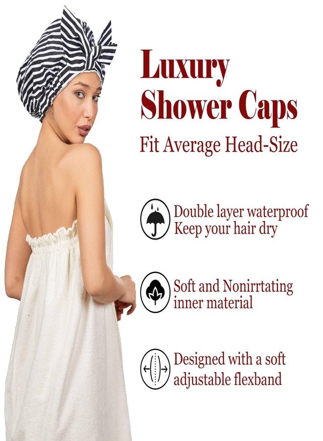 Luvruitaky Shower Cap Luxury Shower Caps for Women Reusable Waterproof Hair Cap for Shower with Adjustable Bowknot Hair Bath Cap (Black Stripe) - Image 2