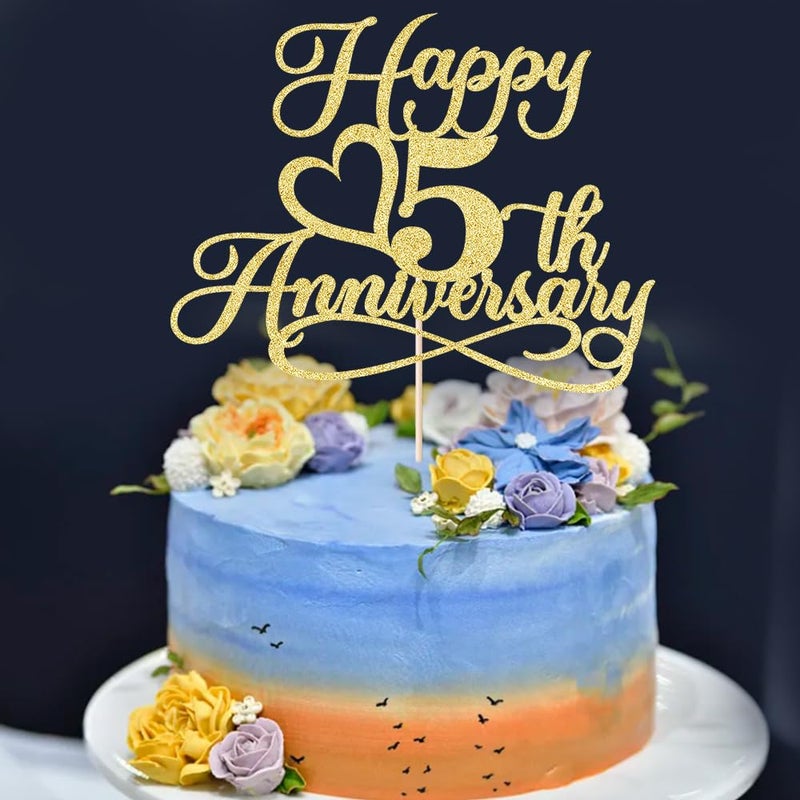YUINYO Glitter Happy 5th Anniversary Cake Toppers -Wedding Anniversary Party Decorations  5th Wedding Anniversary  Company Anniversary Party  Birthday Party Decorations (Gold-5) - Image 4