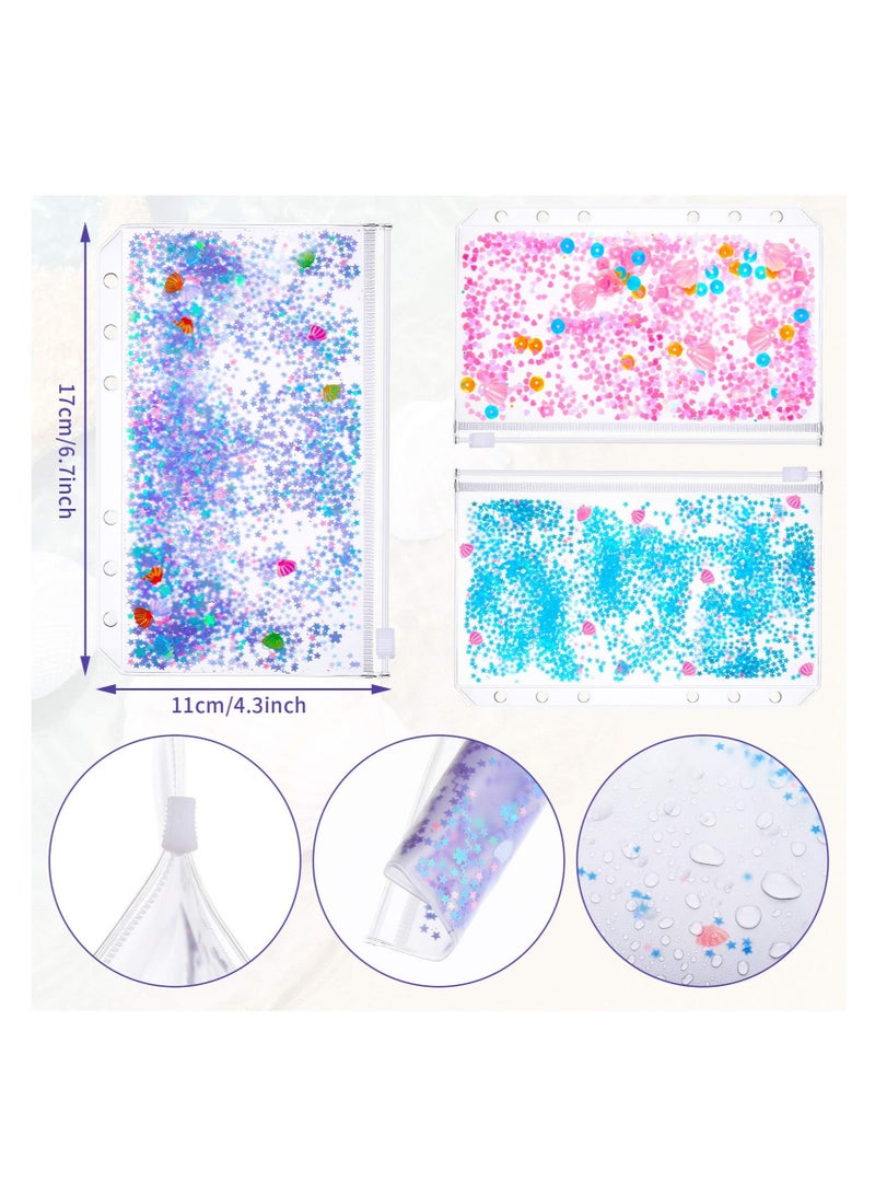SOLARAE Binder PVC Glitter File Pockets, 15 Pieces A6 Size Glitter with Holes Binder Zipper Folders, Notebook Binder Loose Leaf Bags, Waterproof PVC Pouch Document Filing - Image 2