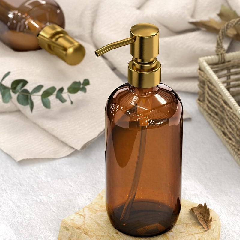 AmazerBath Amber Glass Soap Dispenser, 2 Pack Vintage Brown Bottle with Stainless Steel Pump,17 Oz Hand Dish Soap Dispenser Bottle, Modern Soap Dispensers for Bathroom Kitchen - Image 2
