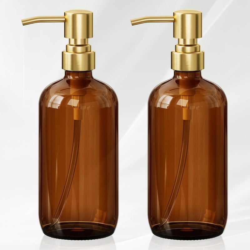 AmazerBath Amber Glass Soap Dispenser, 2 Pack Vintage Brown Bottle with Stainless Steel Pump,17 Oz Hand Dish Soap Dispenser Bottle, Modern Soap Dispensers for Bathroom Kitchen - Image 1