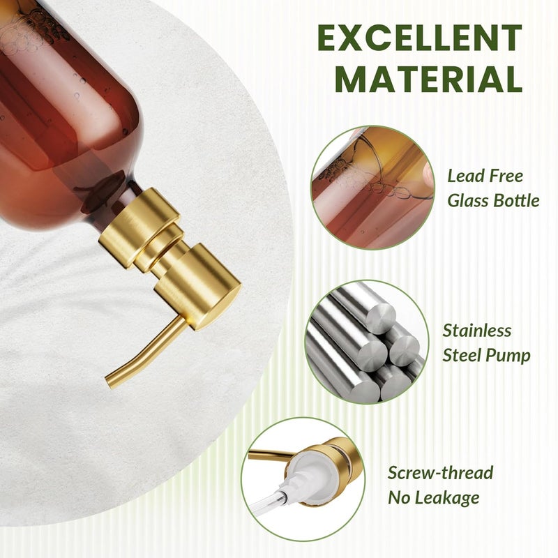 AmazerBath Amber Glass Soap Dispenser, 2 Pack Vintage Brown Bottle with Stainless Steel Pump,17 Oz Hand Dish Soap Dispenser Bottle, Modern Soap Dispensers for Bathroom Kitchen - Image 3