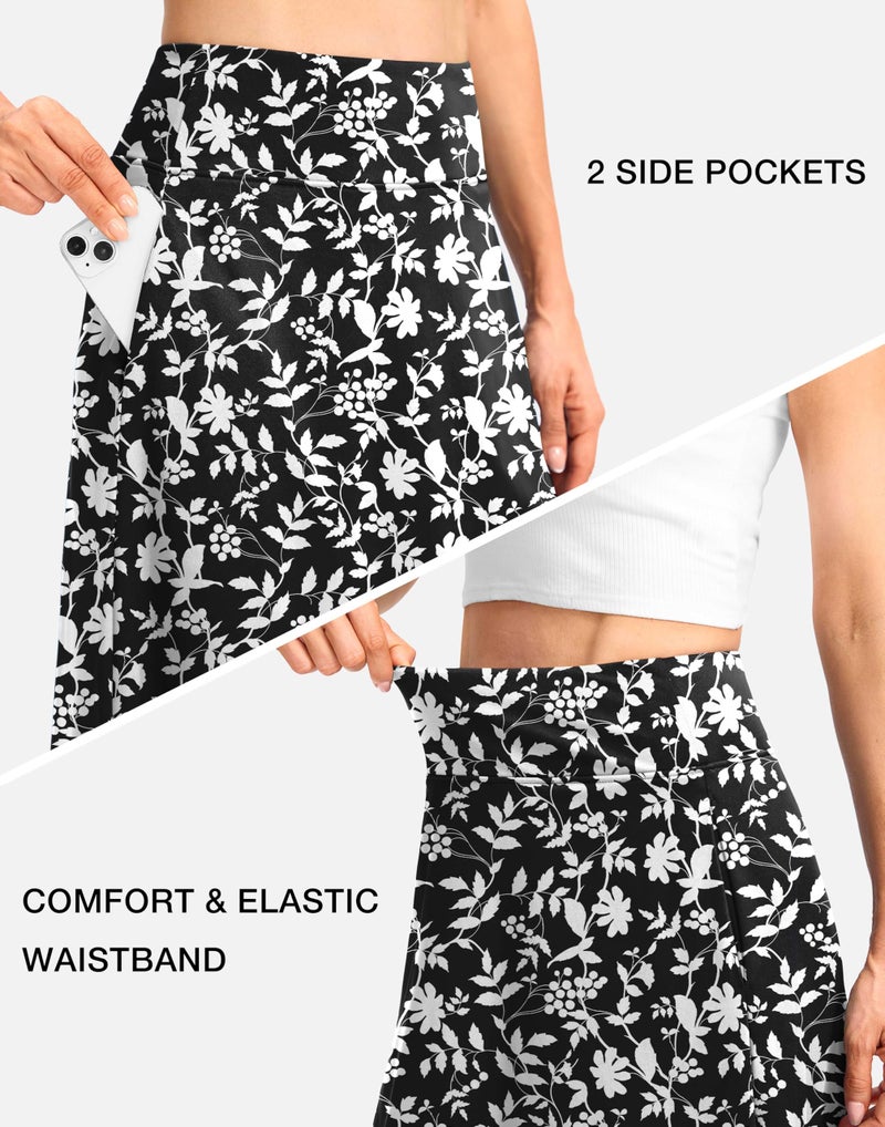 Viodia 25" Knee Length Long Skorts for Women with Pockets Dressy Casual Midi Skort Summer Travel Modest Skirts Black Flower XL - Image 4
