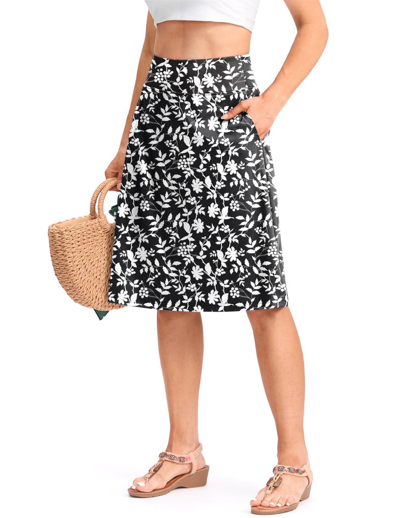 Viodia 25" Knee Length Long Skorts for Women with Pockets Dressy Casual Midi Skort Summer Travel Modest Skirts Black Flower XL - Image 1