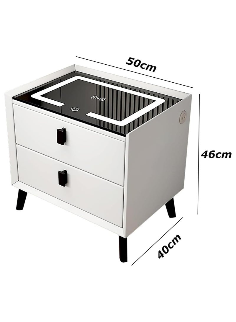 AUTOYSUR Bedside table with 2 drawer,Wireless Charging Nightstands,Modern Smart Table,end table with an intelligent touch 3 color light strip for Bedroom with USB for living room (White) - Image 2