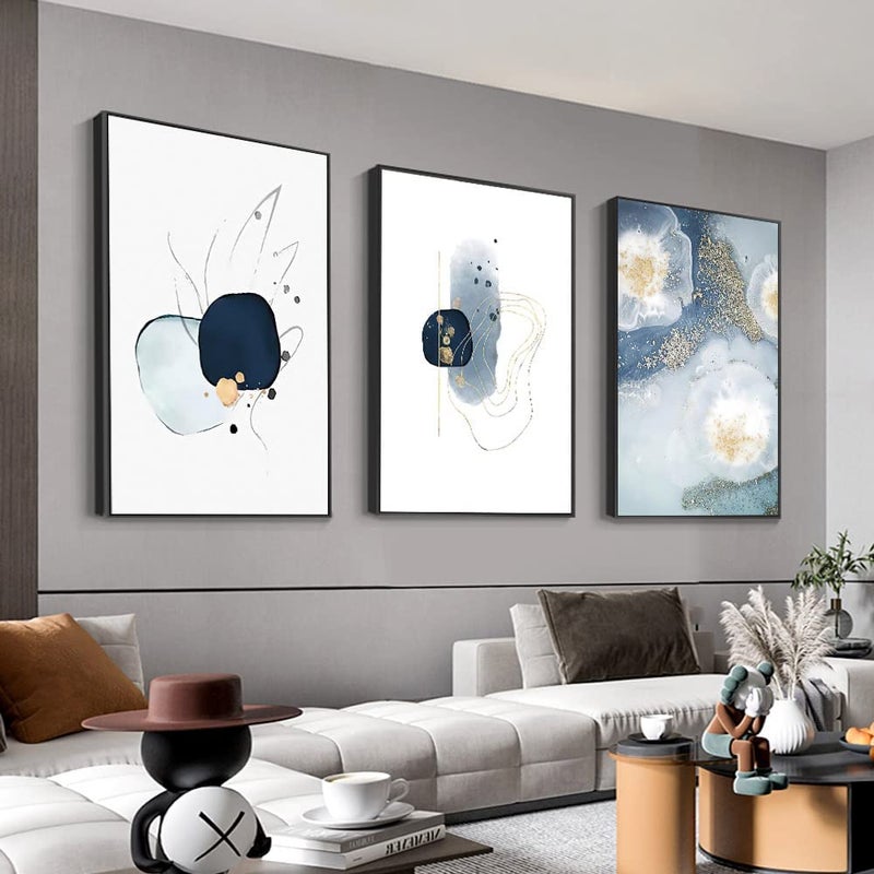 3 Framed Abstract Canvas Wall Art Artwork in Blue White and Grey Simple and Elegant for Living Room Bedroom Office Decor