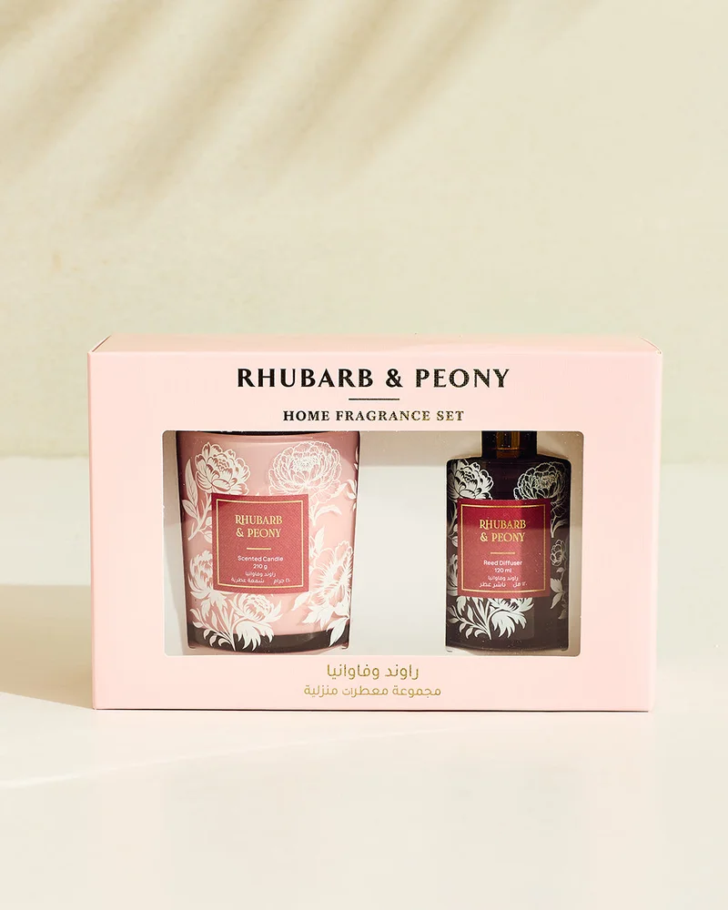 ردتاغ طقم شمعة ومعطر أعواد برائحة الروبارب والفاوانيا 210 جم + 120 مل