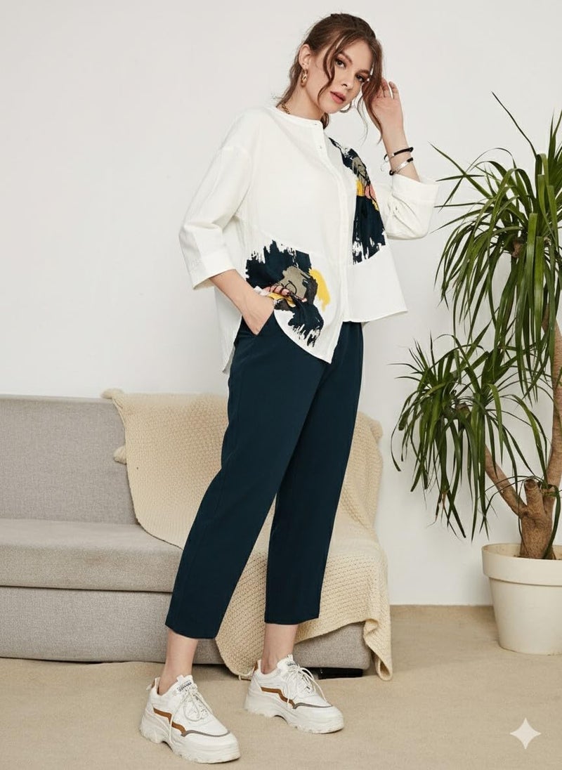 TOPLOT Women's Co-ord Set | Button-up, Loose-fit top with Artistic Abstract Prints| Relaxed Loose Fit Design | Stylish Matching Set with Easy Movement | Casual, Outings (5234_L_Teal) - Image 3