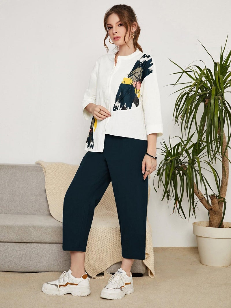 TOPLOT Women's Co-ord Set | Button-up, Loose-fit top with Artistic Abstract Prints| Relaxed Loose Fit Design | Stylish Matching Set with Easy Movement | Casual, Outings (5234_L_Teal) - Image 2