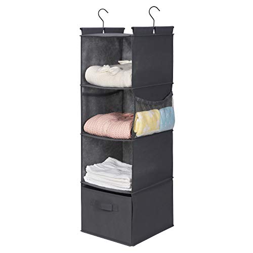 MAX Houser 4-Shelf Hanging Closet Organizer, Space Saver, Cloth Hanging Shelves with 2 Side Pockets, Foldable (Grey) - Image 4