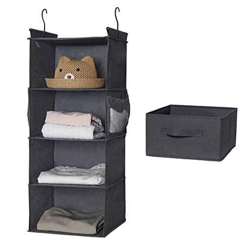 MAX Houser 4-Shelf Hanging Closet Organizer, Space Saver, Cloth Hanging Shelves with 2 Side Pockets, Foldable (Grey) - Image 2