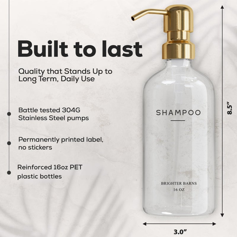 Brighter Barns Luxury Shampoo and Conditioner Dispenser Set by Brighter Barns - Shampoo Conditioner Body Wash Dispenser - Refillable Plastic Shower Bottles for Gold Bathroom Decor, Airbnb, Spa, Hotel (Clear/Gold) - Image 3