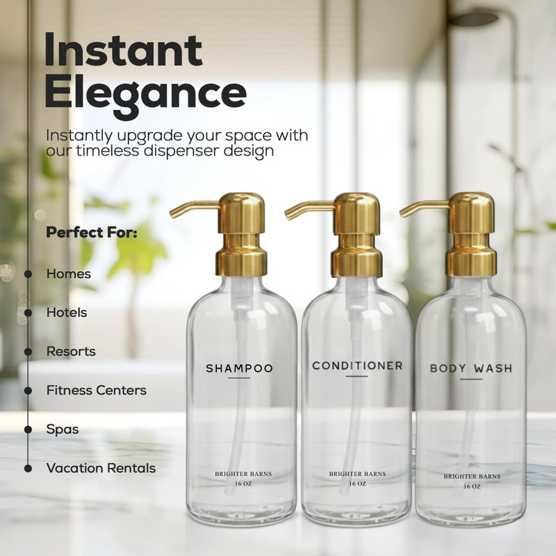 Brighter Barns Luxury Shampoo and Conditioner Dispenser Set by Brighter Barns - Shampoo Conditioner Body Wash Dispenser - Refillable Plastic Shower Bottles for Gold Bathroom Decor, Airbnb, Spa, Hotel (Clear/Gold) - Image 2