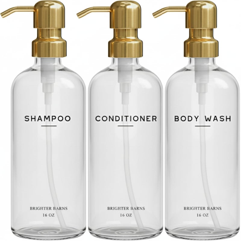 Brighter Barns Luxury Shampoo and Conditioner Dispenser Set by Brighter Barns - Shampoo Conditioner Body Wash Dispenser - Refillable Plastic Shower Bottles for Gold Bathroom Decor, Airbnb, Spa, Hotel (Clear/Gold) - Image 1