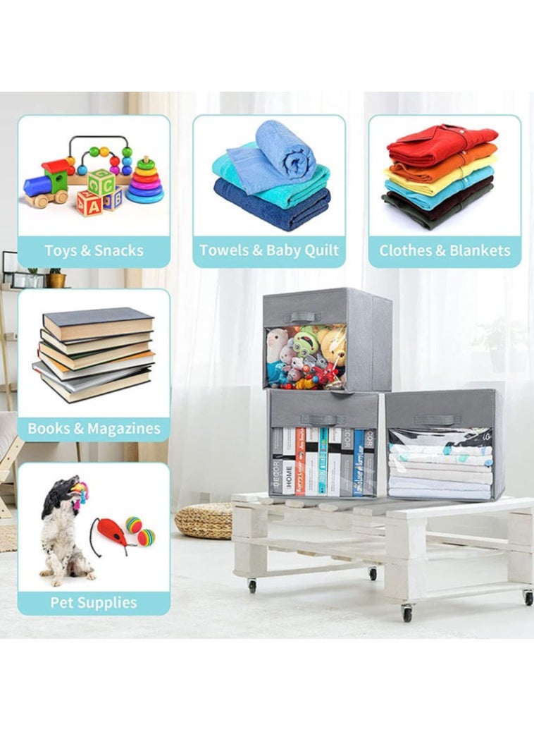 Hanayo - 4 Pcs Storage Baskets with Handle Clear Window Foldable Fabric Cube Organizer Box for Organizing Closet Clothes and Toys (Grey) - Image 1