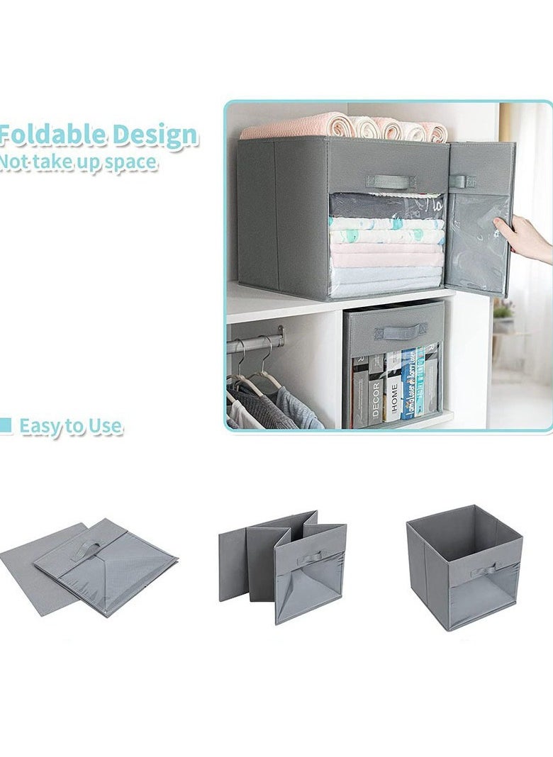 Hanayo - 4 Pcs Storage Baskets with Handle Clear Window Foldable Fabric Cube Organizer Box for Organizing Closet Clothes and Toys (Grey) - Image 1