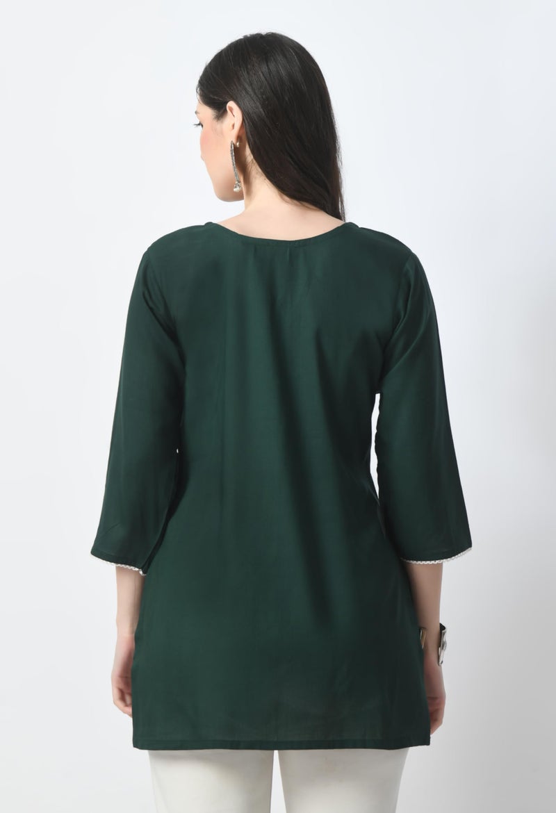 LIBOZA Store LIBOZA Rayon Kurti for Women - Short Chikankari Kurtis for Girls, Lakhnawi Tunic Top Kurta Design for Ladies, Woman Ethnic Kurthis & Shirt with Sleeve (Medium, Green), Regular Fit - Image 3