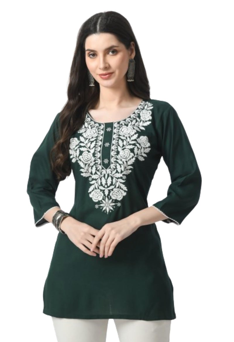 LIBOZA Store LIBOZA Rayon Kurti for Women - Short Chikankari Kurtis for Girls, Lakhnawi Tunic Top Kurta Design for Ladies, Woman Ethnic Kurthis & Shirt with Sleeve (Medium, Green), Regular Fit - Image 1