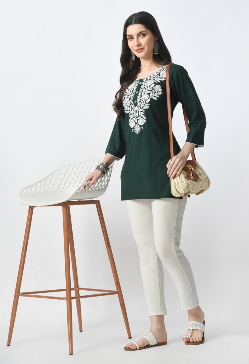 LIBOZA Store LIBOZA Rayon Kurti for Women - Short Chikankari Kurtis for Girls, Lakhnawi Tunic Top Kurta Design for Ladies, Woman Ethnic Kurthis & Shirt with Sleeve (Medium, Green), Regular Fit - Image 4