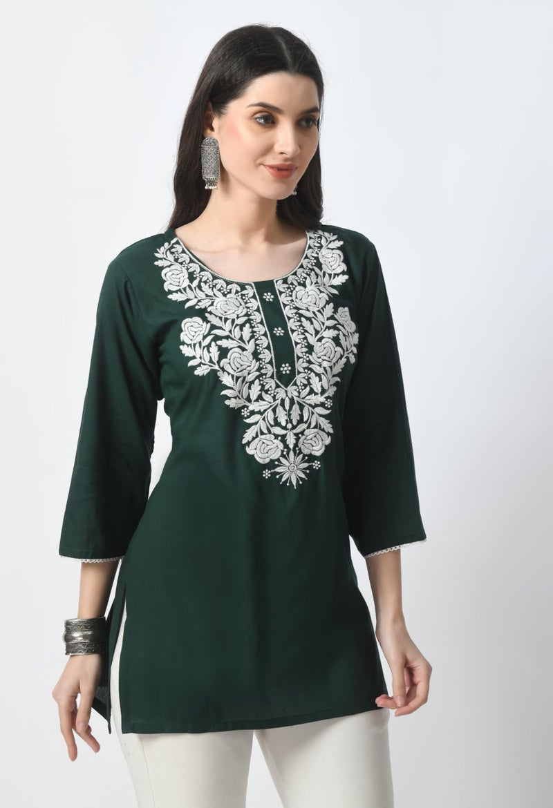LIBOZA Store LIBOZA Rayon Kurti for Women - Short Chikankari Kurtis for Girls, Lakhnawi Tunic Top Kurta Design for Ladies, Woman Ethnic Kurthis & Shirt with Sleeve (Medium, Green), Regular Fit - Image 5