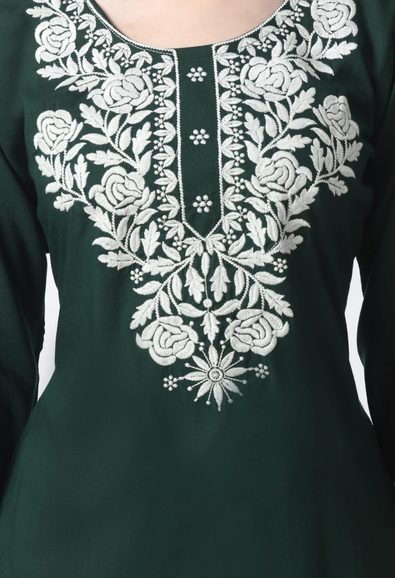 LIBOZA Store LIBOZA Rayon Kurti for Women - Short Chikankari Kurtis for Girls, Lakhnawi Tunic Top Kurta Design for Ladies, Woman Ethnic Kurthis & Shirt with Sleeve (Medium, Green), Regular Fit - Image 2