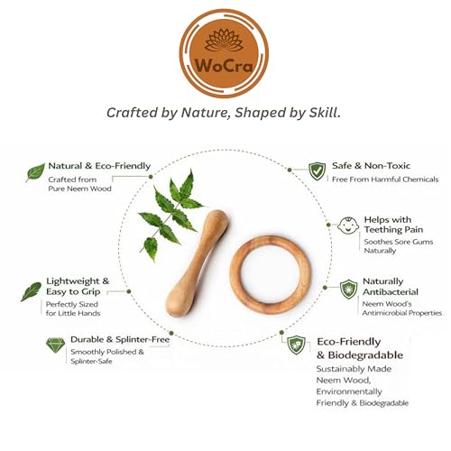 WoCra® Neem Wood Baby Teether Toys – Pack of 2 | Dumbbell Teether + Ring-Teether for Babies, Toddlers & Infants | Handmade Non-Toxic Wooden Teething & Chew Toys | Safe Ayurvedic Chusni Soothers - Image 4