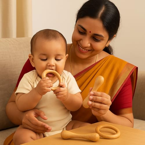 WoCra® Neem Wood Baby Teether Toys – Pack of 2 | Dumbbell Teether + Ring-Teether for Babies, Toddlers & Infants | Handmade Non-Toxic Wooden Teething & Chew Toys | Safe Ayurvedic Chusni Soothers - Image 3