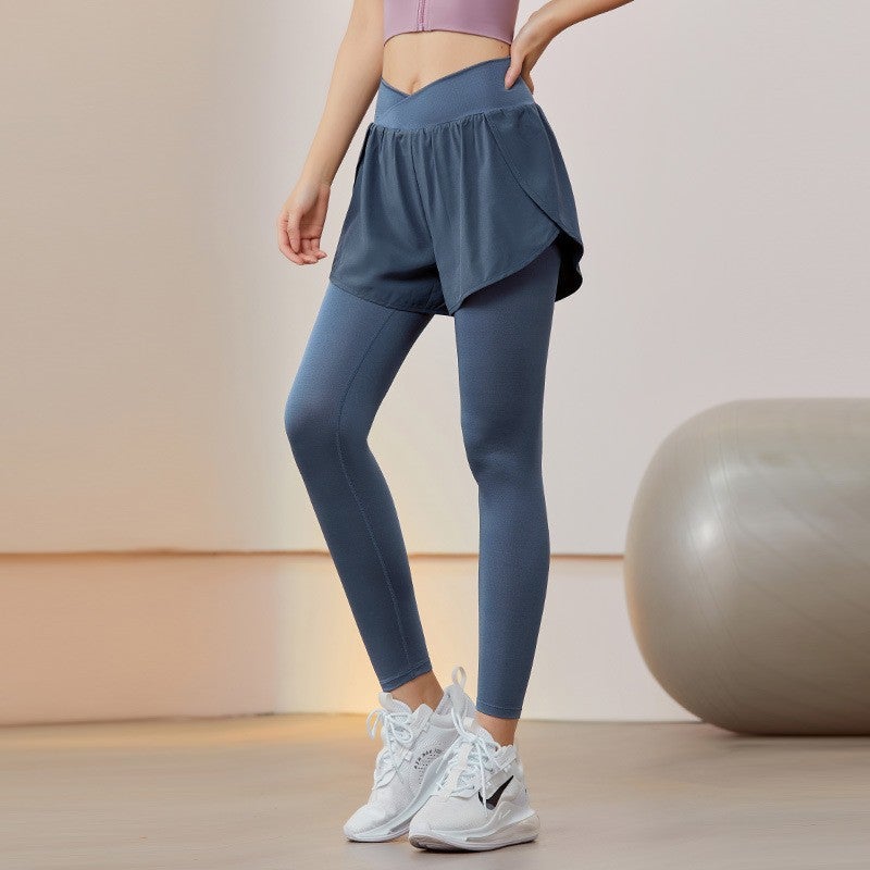 Leggings Blue Gray FBF2236002 Summer High Waist Hip Lifting Elastic Tight Yoga Pants Running Fitness Training Outer Wear Fake Two Sports