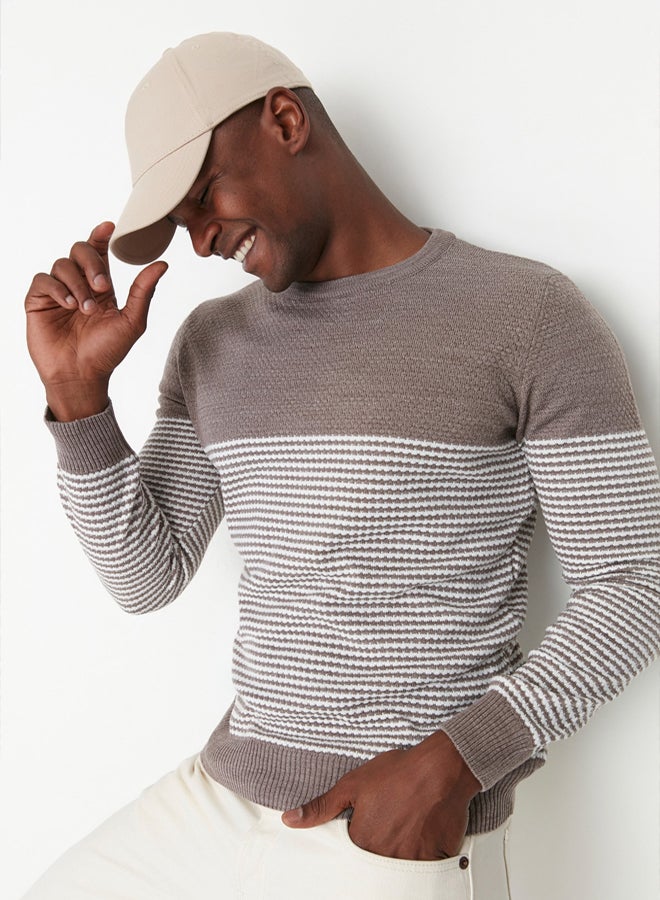 trendyol Mink Slim Fit Slim Cut Crew Neck Striped Sweater - Image 1