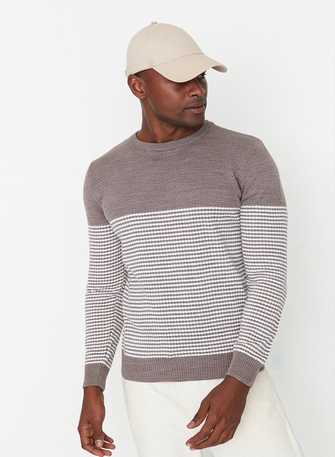 trendyol Mink Slim Fit Slim Cut Crew Neck Striped Sweater - Image 2