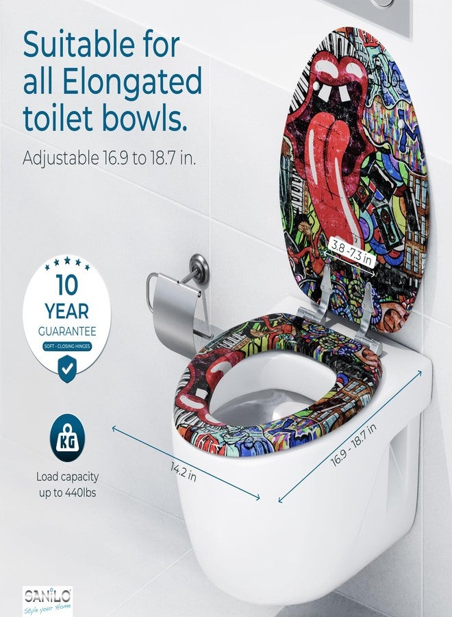 SANILO Wooden Toilet Seat with Soft Close [ELONGATED] - Decorative, Quiet & Slow Close Molded Wood Seat - With Strong Bumpers & Hinges - Adjustable Fit - Graffiti - Image 4
