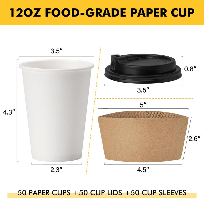 RACETOP 12 oz 50 pack Disposable Paper Coffee Cups with Lids and Sleeves - Image 2