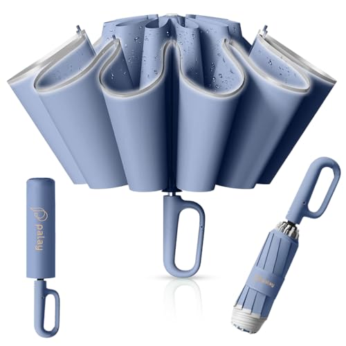 PALAY® Large Umbrella with Reflective Strip, Auto 3-Fold Compact Travel Umbrella, Carabiner Handle, Reinforced 10 Dual Ribs, Sun Protection 99% UV & Rain & Windproof for Men Women (Blue) - Image 1