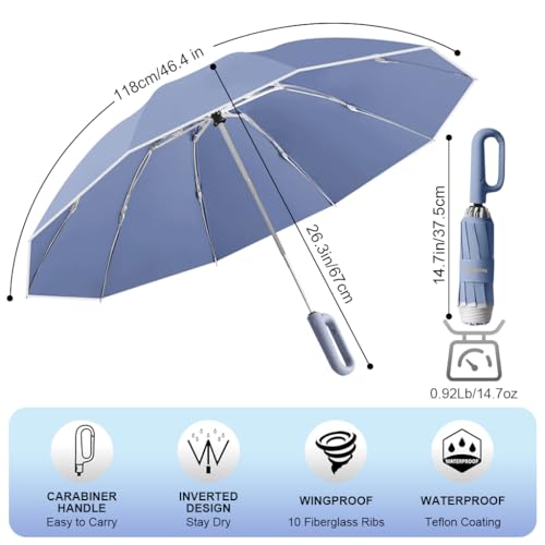 PALAY® Large Umbrella with Reflective Strip, Auto 3-Fold Compact Travel Umbrella, Carabiner Handle, Reinforced 10 Dual Ribs, Sun Protection 99% UV & Rain & Windproof for Men Women (Blue) - Image 2
