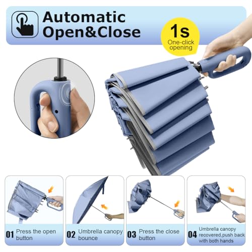 PALAY® Large Umbrella with Reflective Strip, Auto 3-Fold Compact Travel Umbrella, Carabiner Handle, Reinforced 10 Dual Ribs, Sun Protection 99% UV & Rain & Windproof for Men Women (Blue) - Image 4