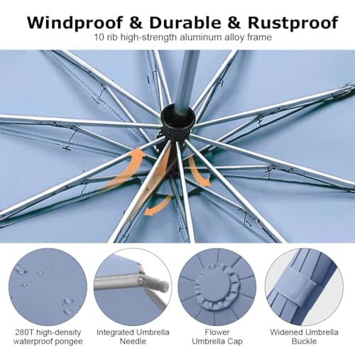 PALAY® Large Umbrella with Reflective Strip, Auto 3-Fold Compact Travel Umbrella, Carabiner Handle, Reinforced 10 Dual Ribs, Sun Protection 99% UV & Rain & Windproof for Men Women (Blue) - Image 5