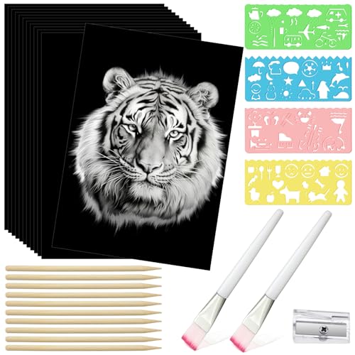 Noveread 200 Sheet Black Scratch Paper Art Set 8 5 x 11 Inch Coated Scratchboard Scratch Paper with Wooden Stylus Sharpener and Stencils DIY Painting Art for Adults - Image 1