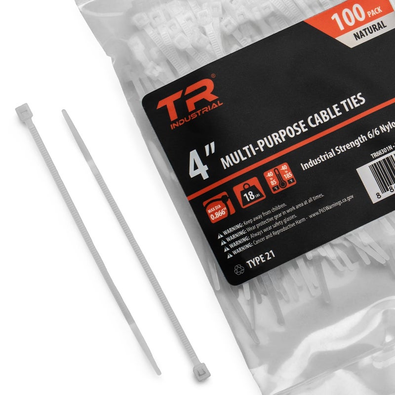 TR Industrial Multi-Purpose UV Resistant Natural Cable Ties, 4 inches, 100 Pack - Image 1