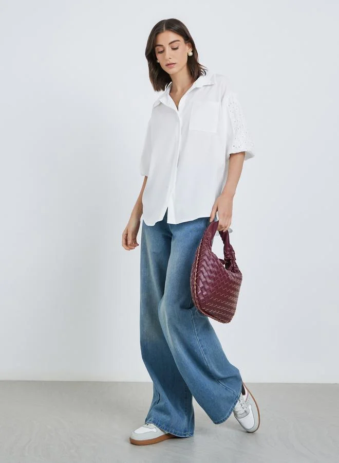 Take Two Take Two Women White Solid Schiffli Short Sleeve Oversized Shirt