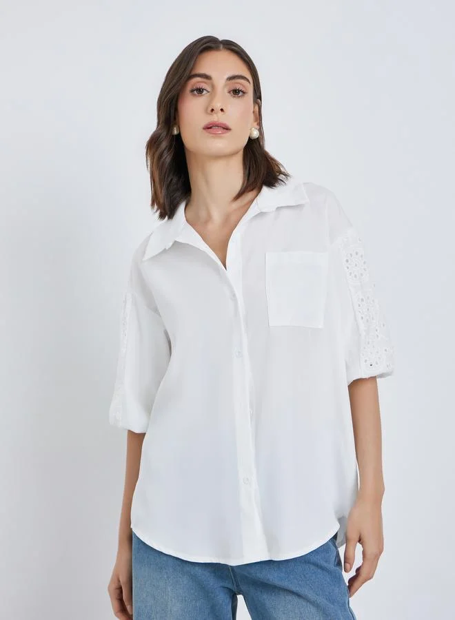 Take Two Take Two Women White Solid Schiffli Short Sleeve Oversized Shirt