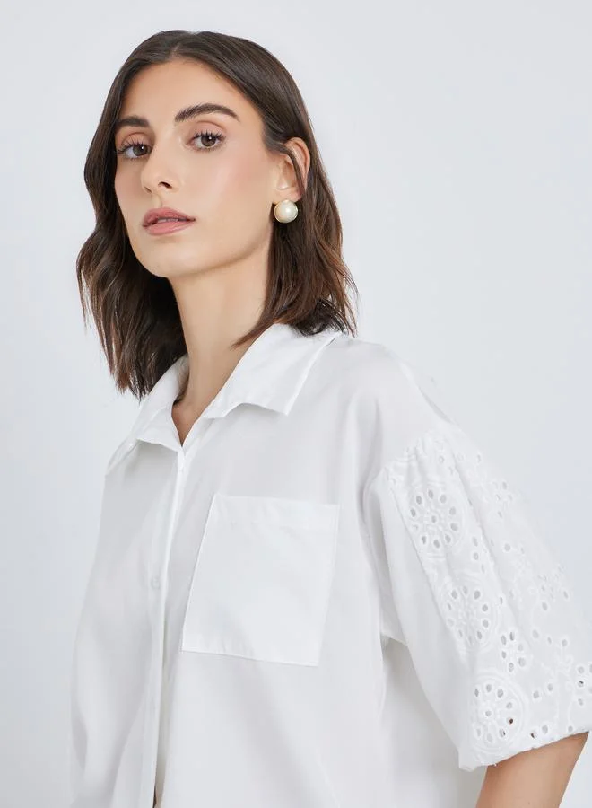 Take Two Take Two Women White Solid Schiffli Short Sleeve Oversized Shirt
