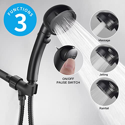 KAIYING High Pressure Handheld Shower Head with ON/OFF Pause Switch, 3 Spray Modes Shower Wand with Shut Off Button, Removable Camper Shower Head with Hose and Adjustable Angle Bracket (Black) - Image 2